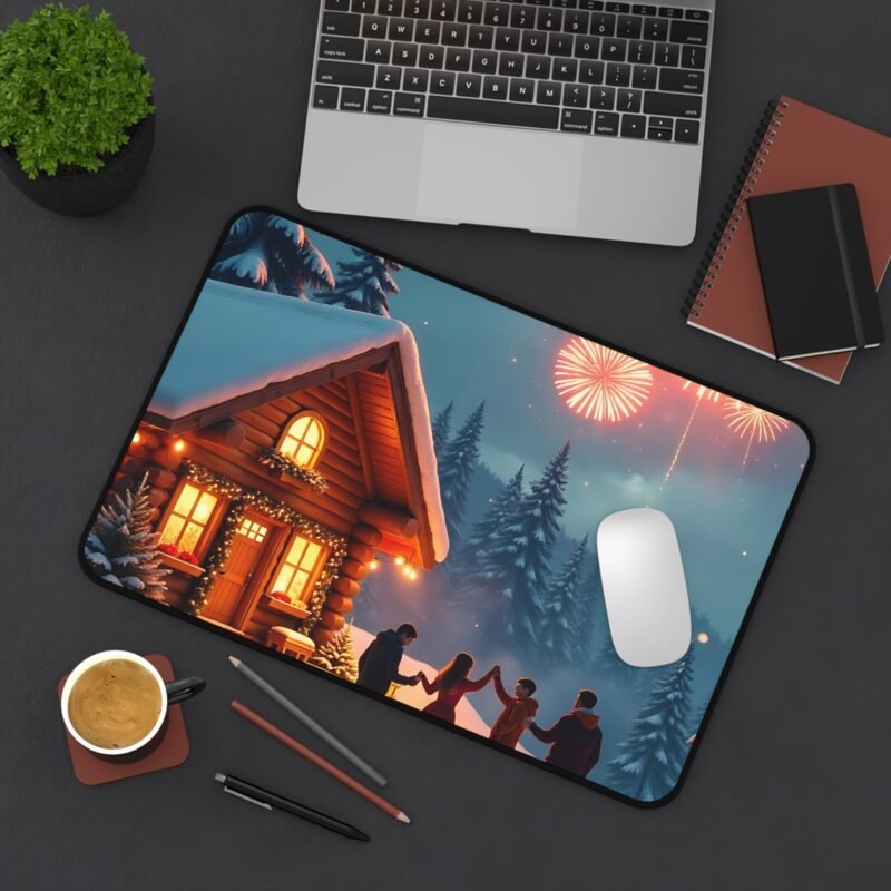 Cozy Winter Cabin Mouse Pad with Fireworks and Festive Snowy Landscape - Image 4