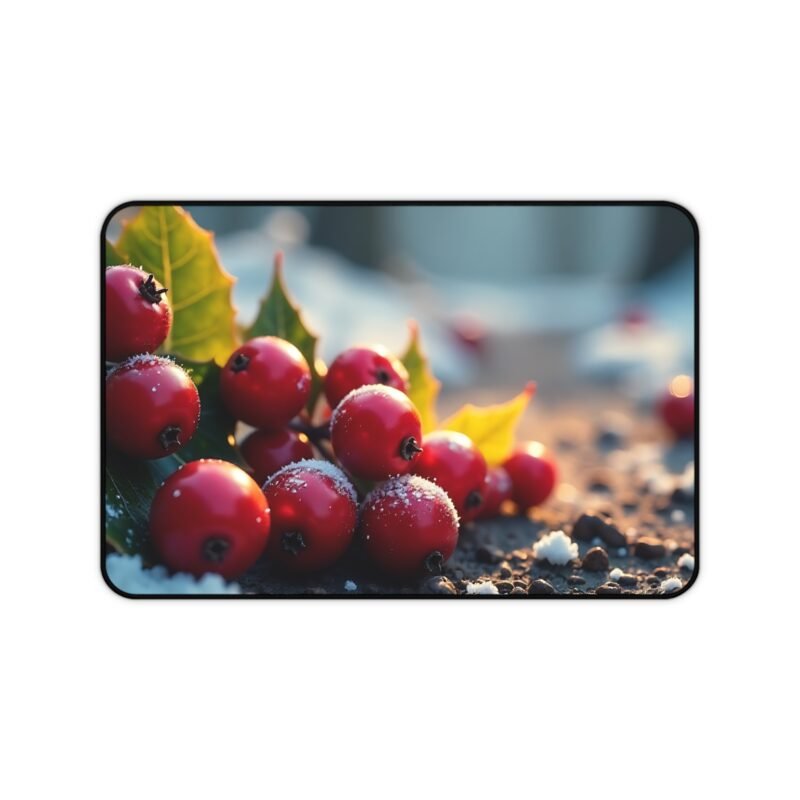 Winter Desk Mat with Holly Berry and Snowy Greenery Design