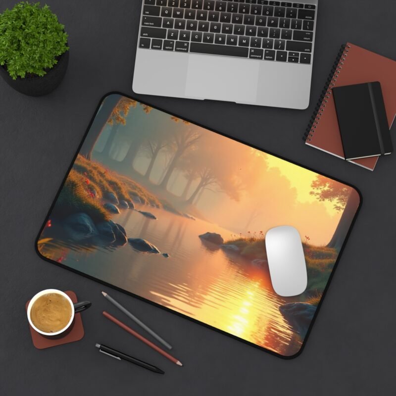 Riverside Sunrise Nature Desk Mat with Forest Stream and Misty Morning Design - Image 4