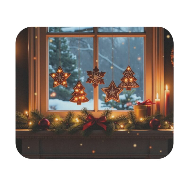Christmas Desk Mat with Festive Winter Window Scene and Holiday Glow