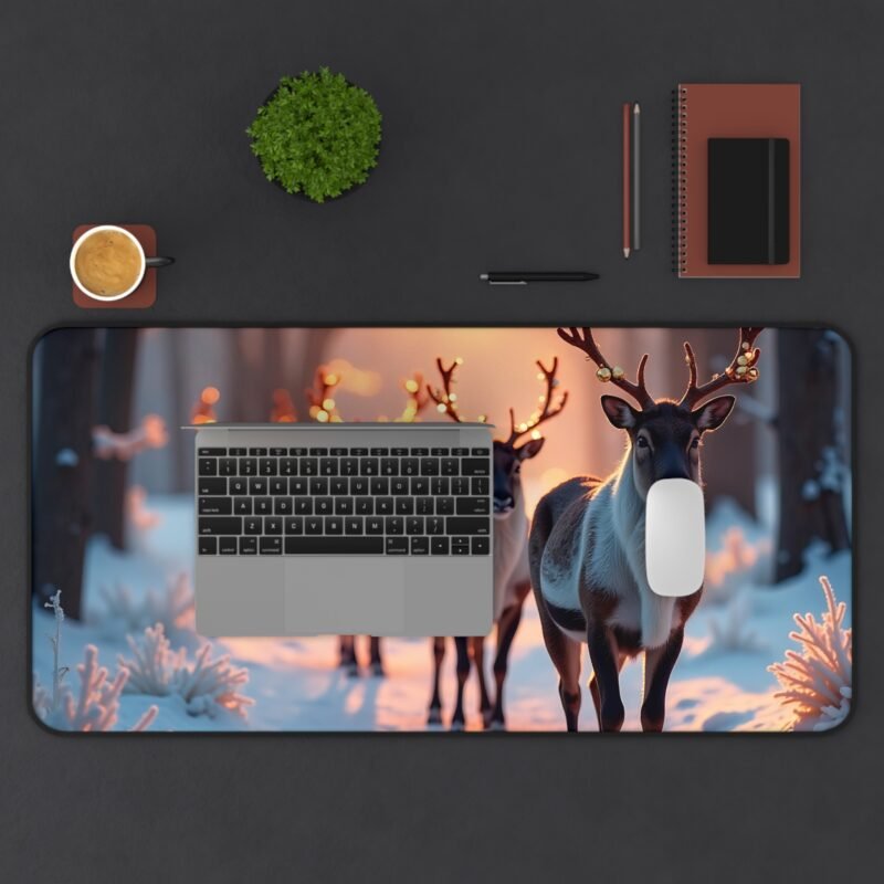 Winter Desk Mat with Reindeer Lights and Serene Snowy Landscape - Image 11