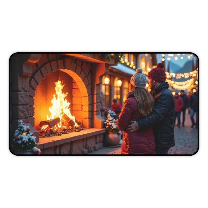 Cozy Christmas Desk Mat with Festive Fireplace and Holiday Market Scene - Image 5