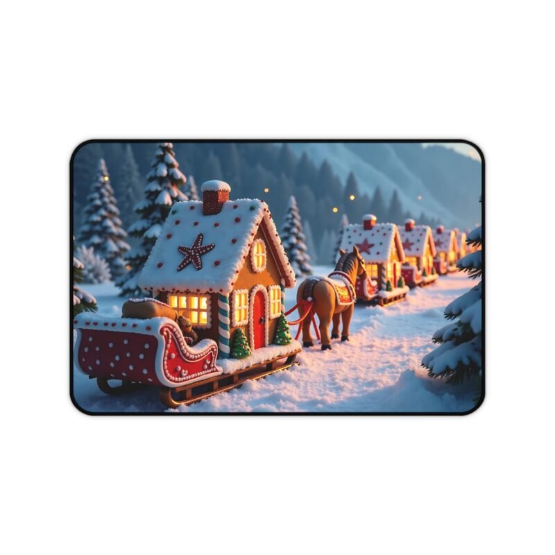 Whimsical Christmas Desk Mat with Gingerbread Train and Snowy Forest Backdrop