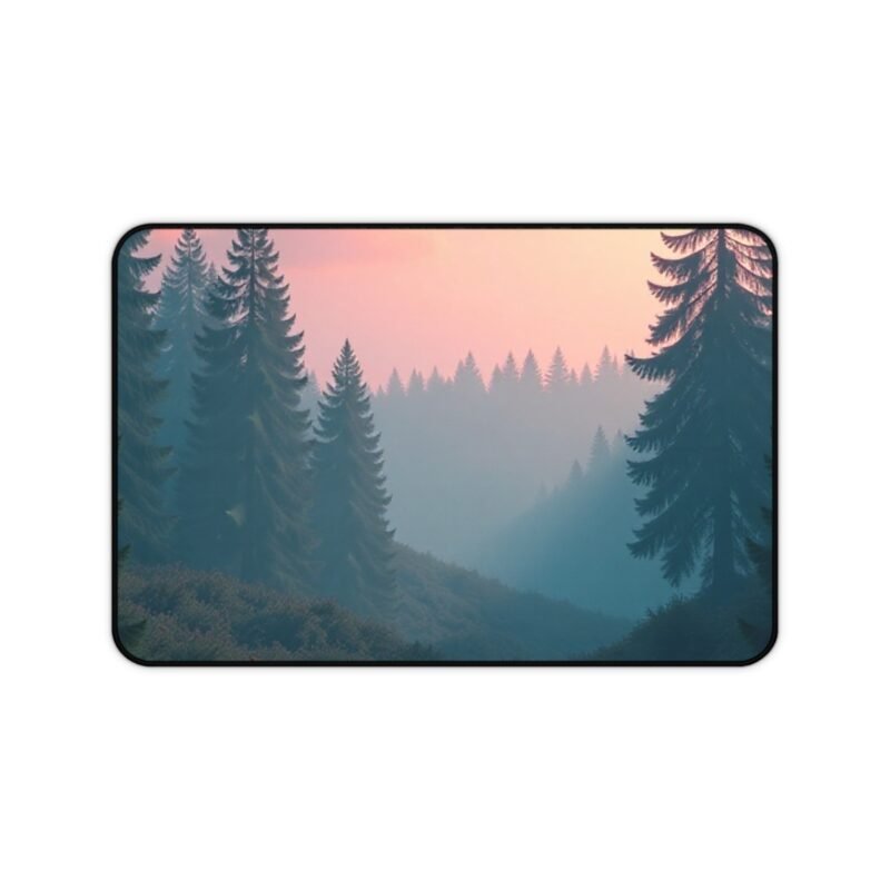 Nature Desk Mat with Tranquil Forest Scene and Misty Sunrise Design