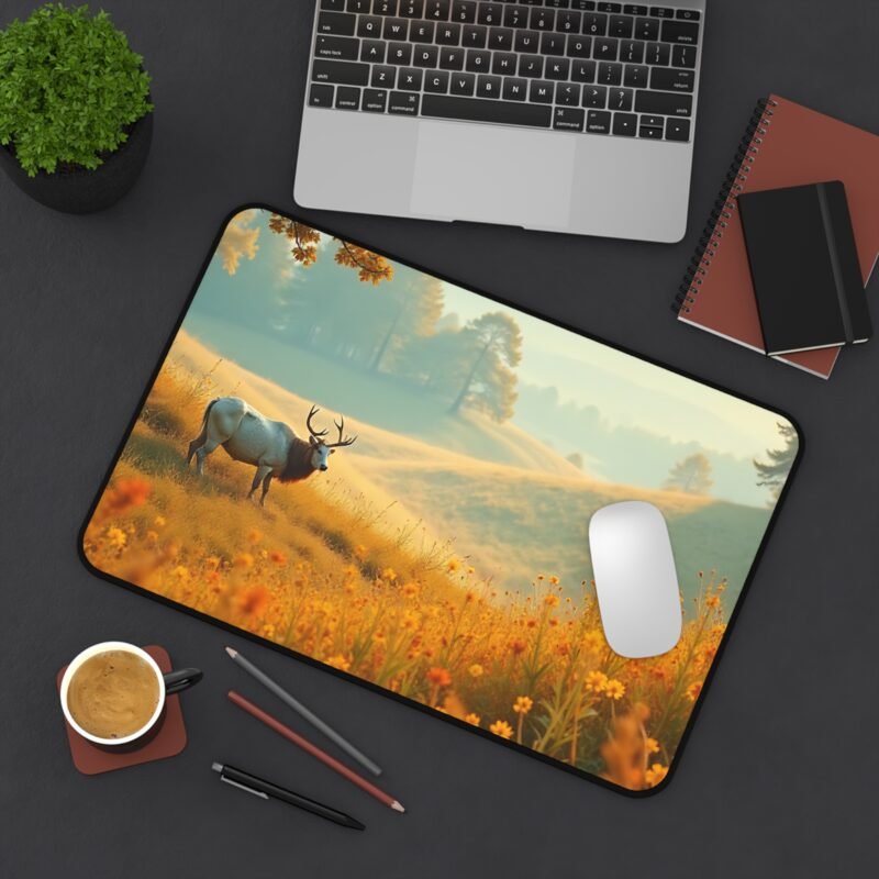 Autumn Nature Desk Mat with Tranquil Sunrise Meadow and Majestic Elk Scene - Image 4