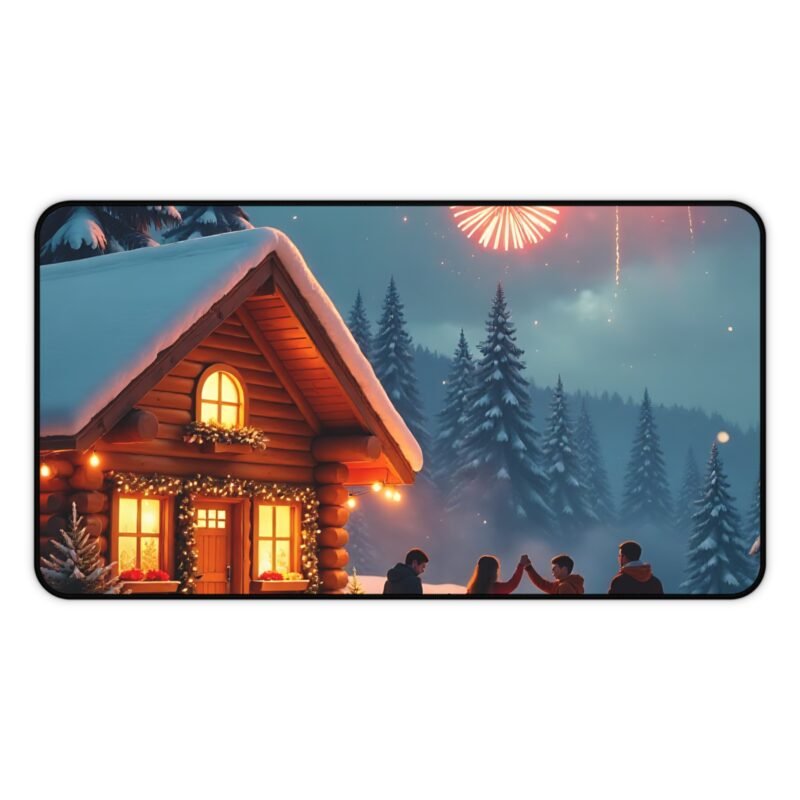 Cozy Winter Cabin Mouse Pad with Fireworks and Festive Snowy Landscape - Image 5