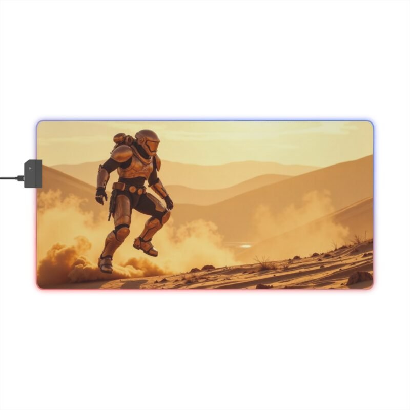 Gaming Mouse Pad Sci-Fi Design with Heroic Armored Figure and Immersive Desert Scene