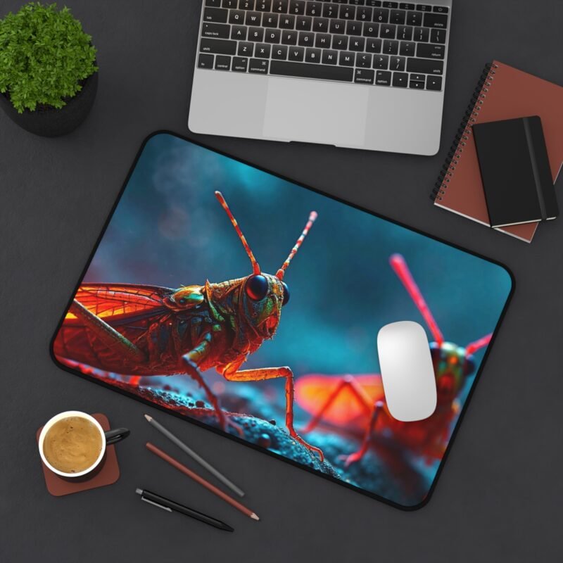 Fantasy Desk Mat with Vivid Grasshoppers on Mystical Misty Terrain for Nature and Fantasy Lovers - Image 4