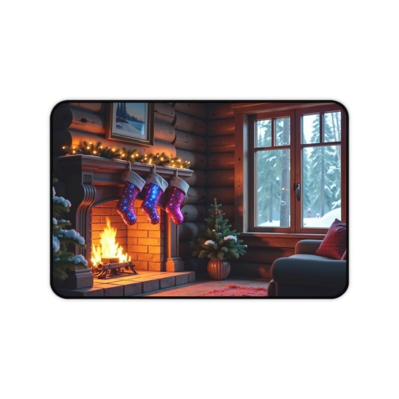 Cozy Christmas Desk Mat with Festive Fireplace and Winter Cabin Design