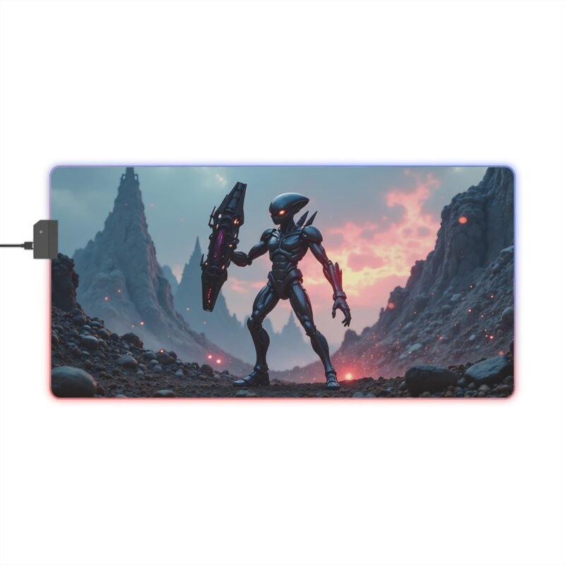 Gaming Mouse Pad with LED Lighting and Futuristic Robotic Warrior Design