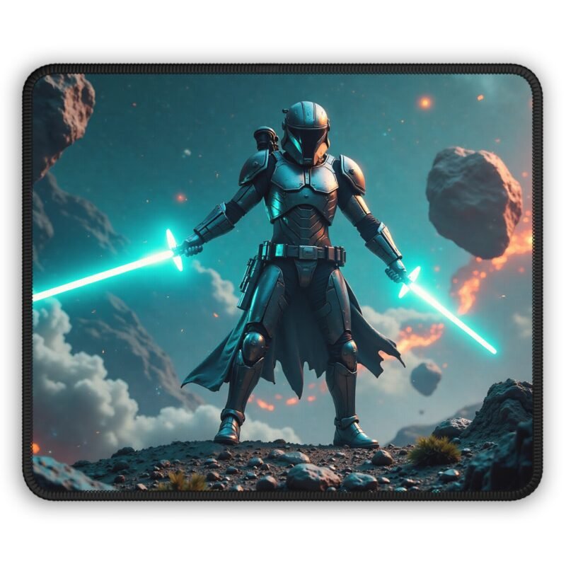 Galactic Gaming Mouse Pad with Neon Saber Warrior and Cosmic Battle Design