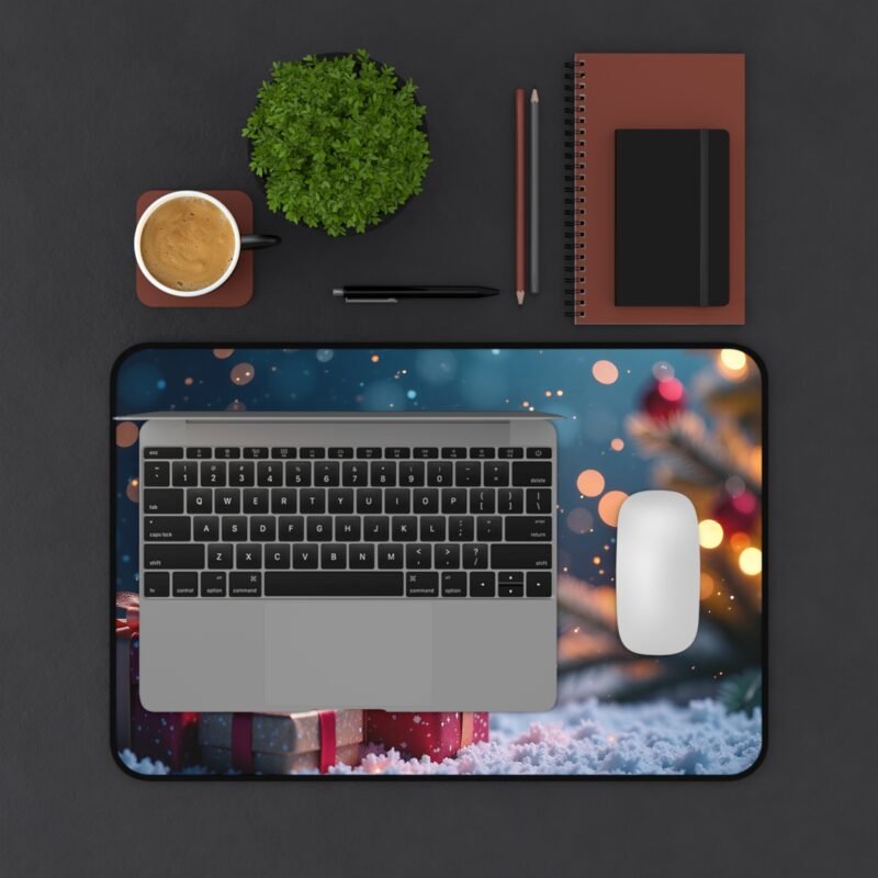 Festive Christmas Desk Mat with Snowy Gift Scene and Glowing Holiday Tree - Image 3