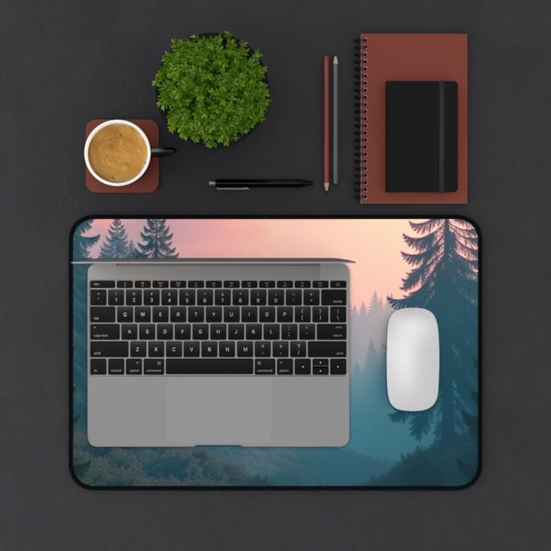 Nature Desk Mat with Tranquil Forest Scene and Misty Sunrise Design - Image 3