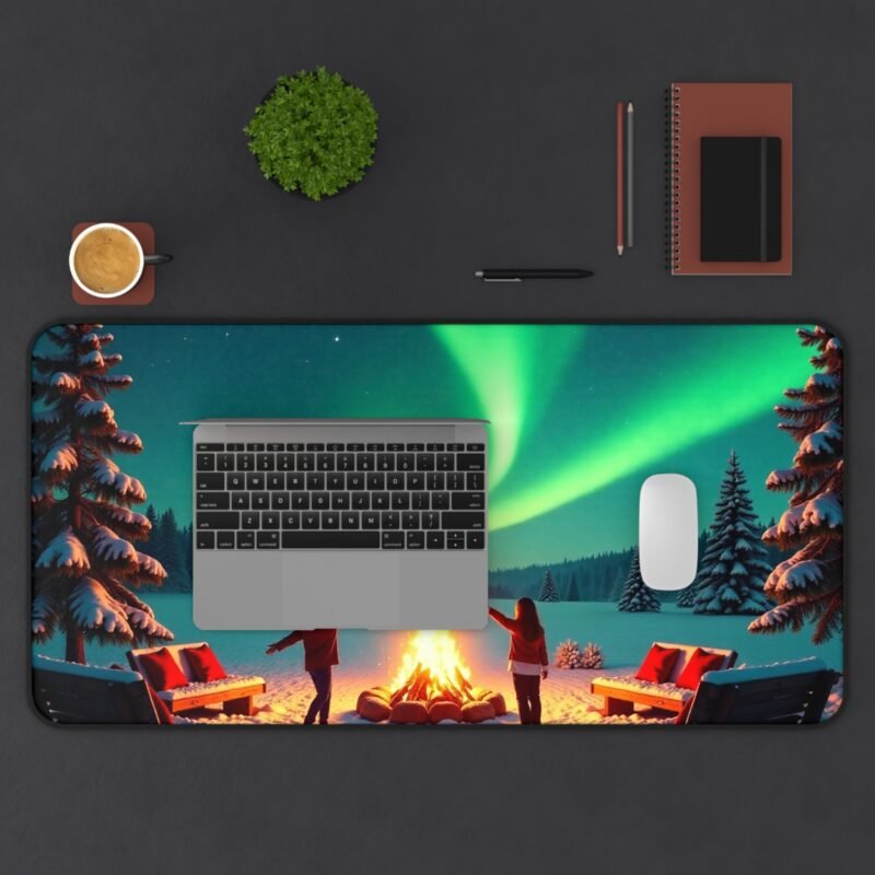 Northern Lights Desk Mat with Cozy Fireside Winter Wonderland Design - Image 11