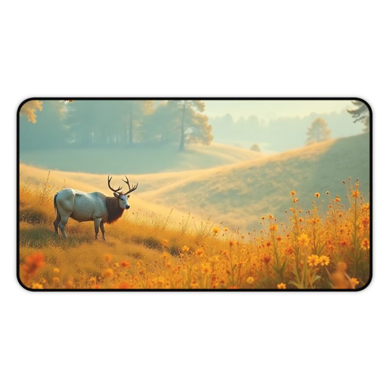 Autumn Nature Desk Mat with Tranquil Sunrise Meadow and Majestic Elk Scene - Image 5