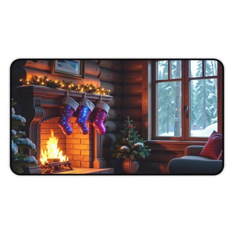 Cozy Christmas Desk Mat with Festive Fireplace and Winter Cabin Design - Image 5