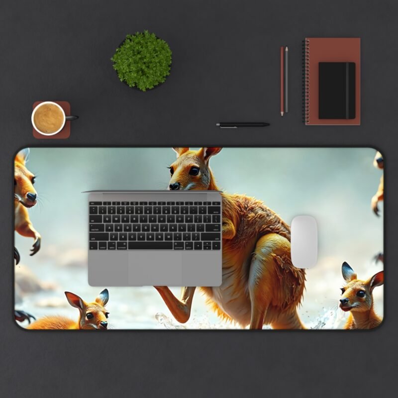 Nature-Inspired Desk Mat with Playful Kangaroos in Serene Riverbed Scene - Image 11