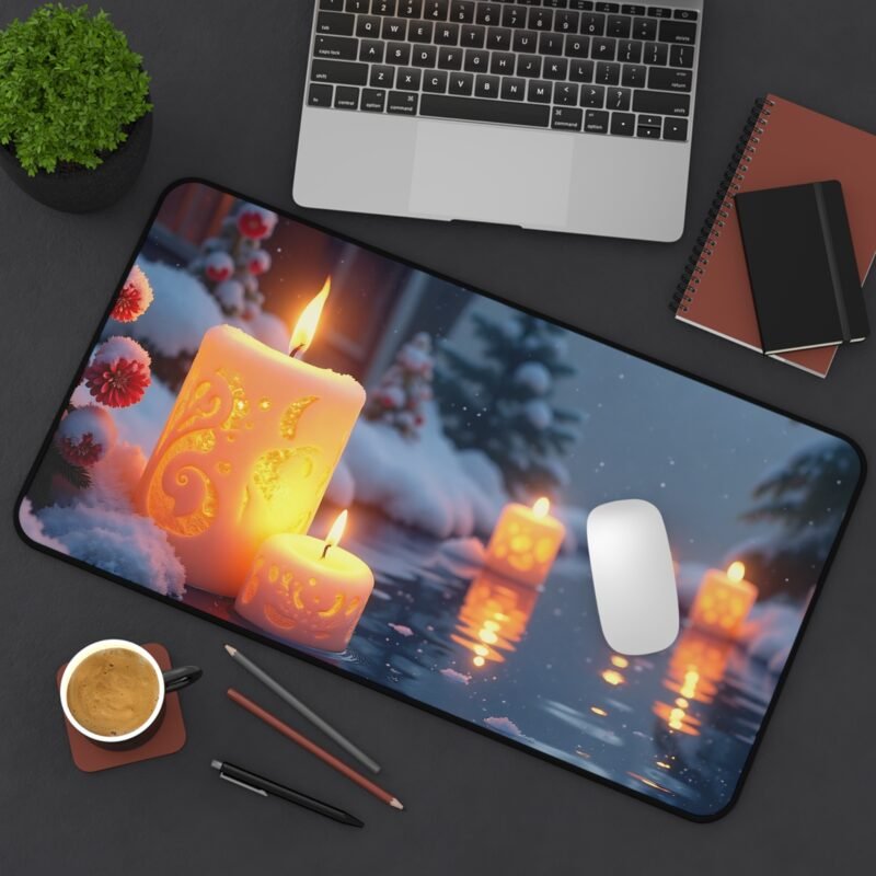 Winter Desk Mat with Cozy Candlelit Design and Serene Snowflake Snowscape - Image 8