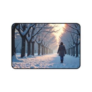 Serene Winter Desk Mat with Tranquil Snowy Path and Majestic Trees