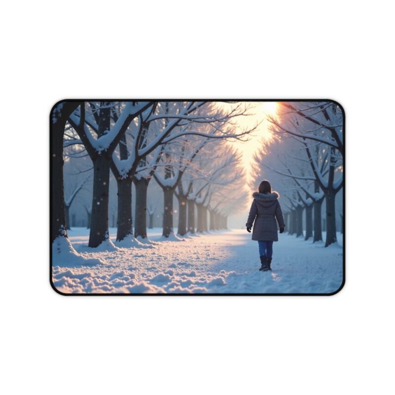 Serene Winter Desk Mat with Tranquil Snowy Path and Majestic Trees