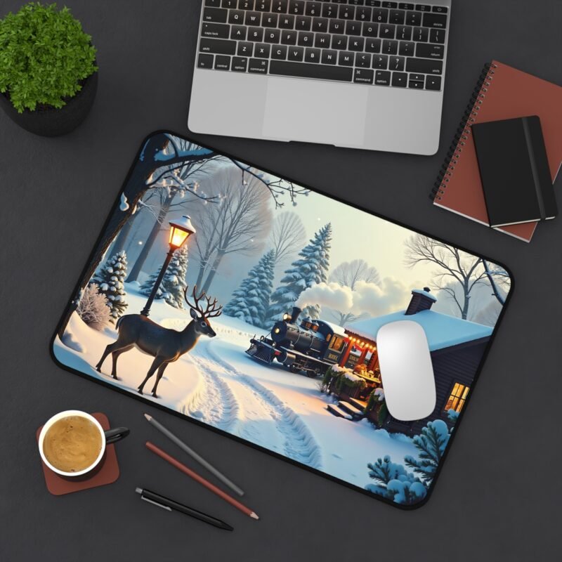 Winter Desk Mat with Deer and Snowy Train Scene for Cozy Seasonal Workspace - Image 4