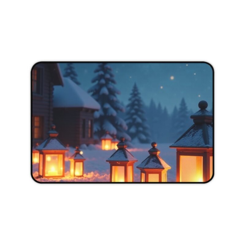 Winter Desk Mat with Cozy Snowscape and Lantern Glow for Tranquil Workspaces