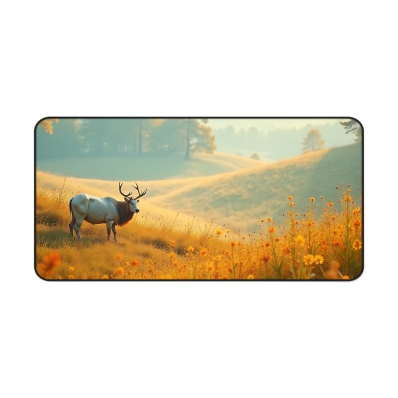 Autumn Nature Desk Mat with Tranquil Sunrise Meadow and Majestic Elk Scene - Image 9