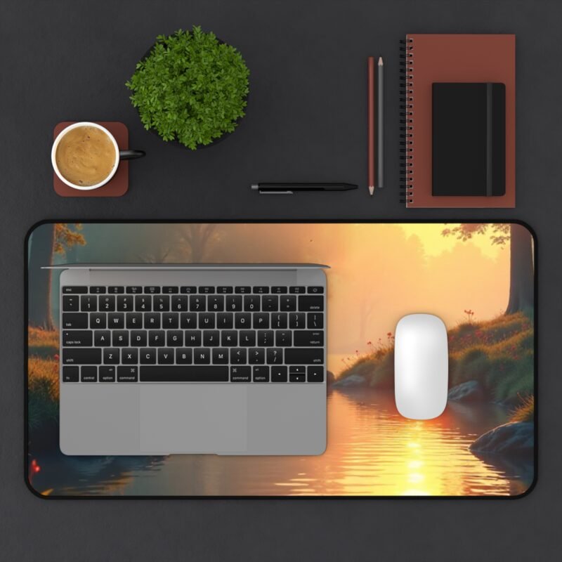 Riverside Sunrise Nature Desk Mat with Forest Stream and Misty Morning Design - Image 7