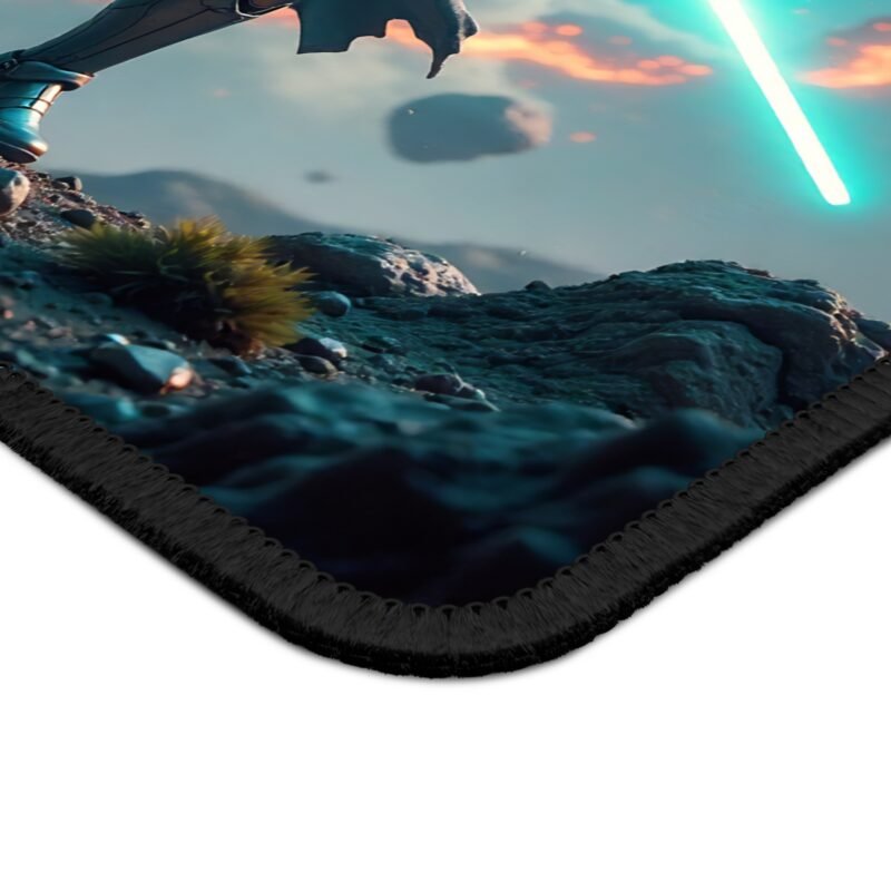 Galactic Gaming Mouse Pad with Neon Saber Warrior and Cosmic Battle Design - Image 4