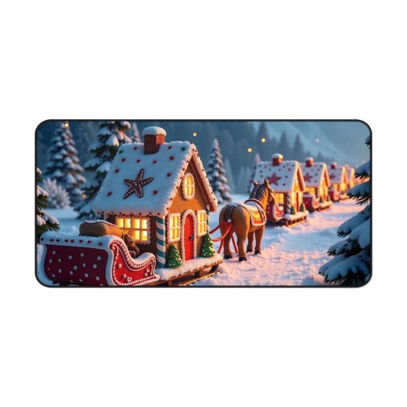 Whimsical Christmas Desk Mat with Gingerbread Train and Snowy Forest Backdrop - Image 9