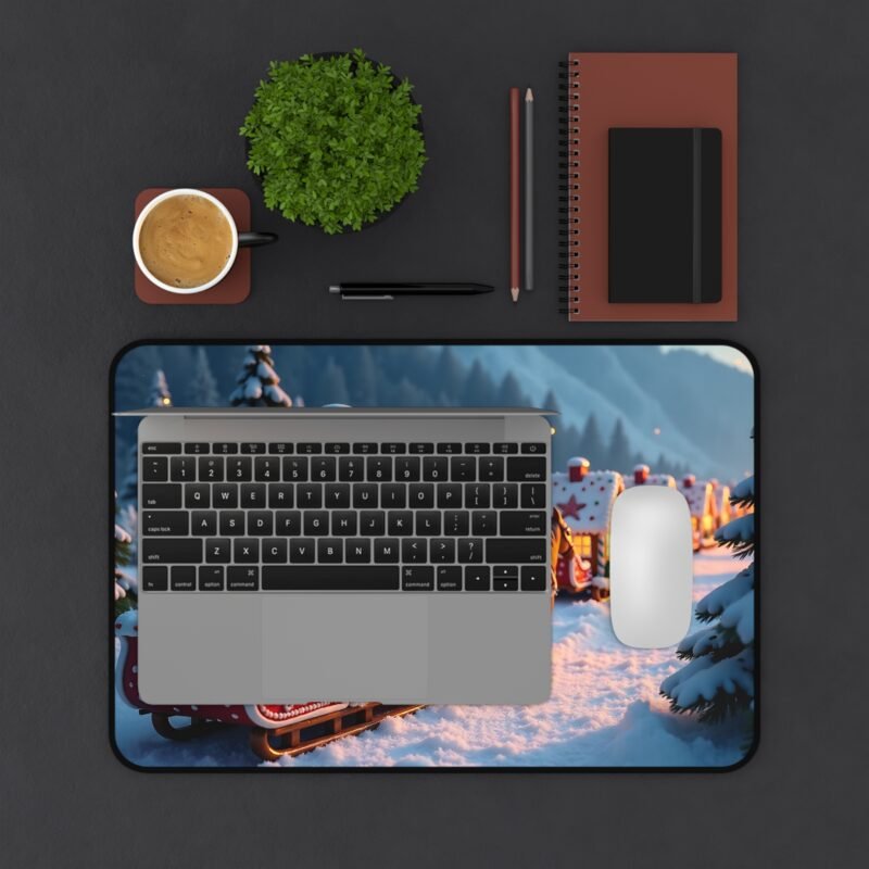 Whimsical Christmas Desk Mat with Gingerbread Train and Snowy Forest Backdrop - Image 3