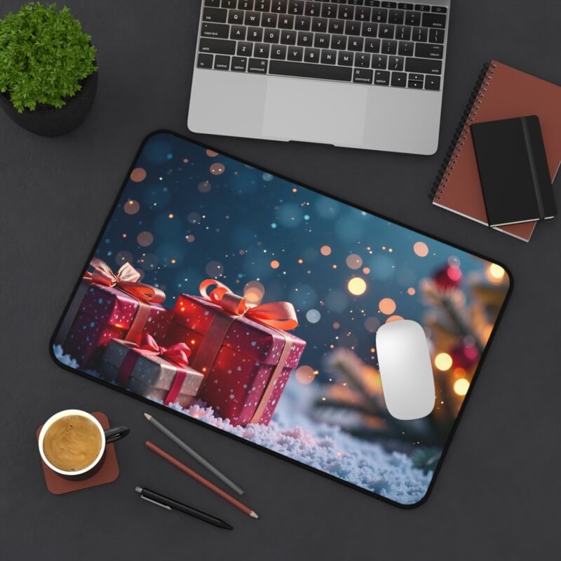 Festive Christmas Desk Mat with Snowy Gift Scene and Glowing Holiday Tree - Image 4