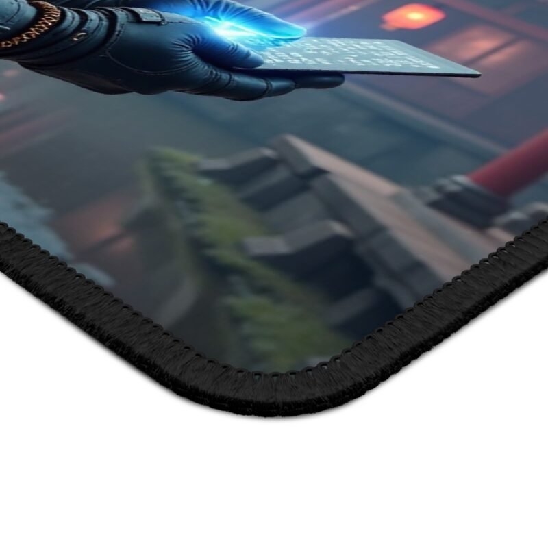 Cyberpunk Gaming Mouse Pad with Futuristic Warrior and East Asian Architecture - Image 4