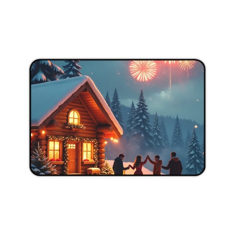 Cozy Winter Cabin Mouse Pad with Fireworks and Festive Snowy Landscape