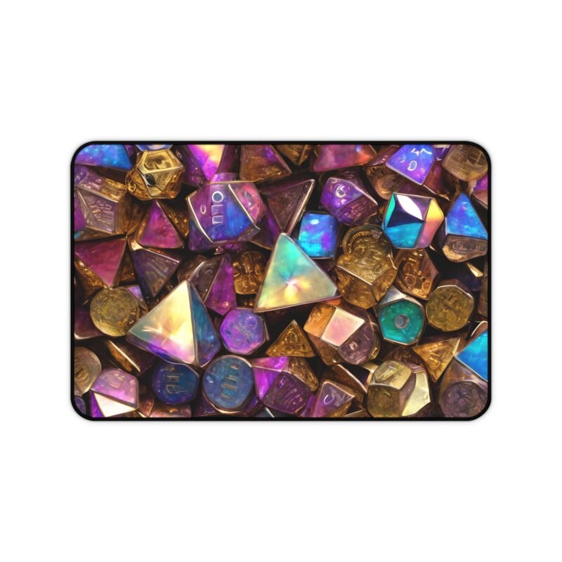 DND Desk Mat with Iridescent Polyhedral Dice Design for Gamers and Tabletop Adventures