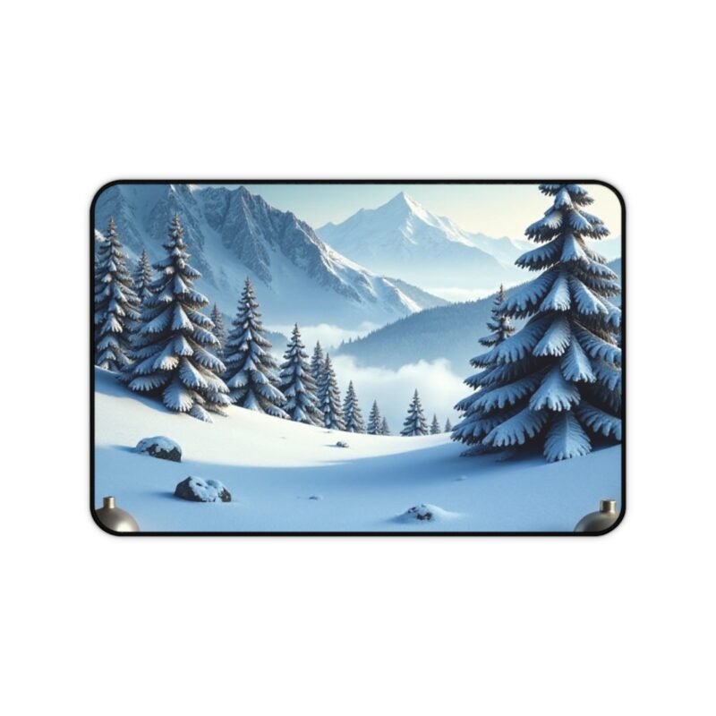 Winter Landscape Desk Mat with Snowy Pines and Mountain Views