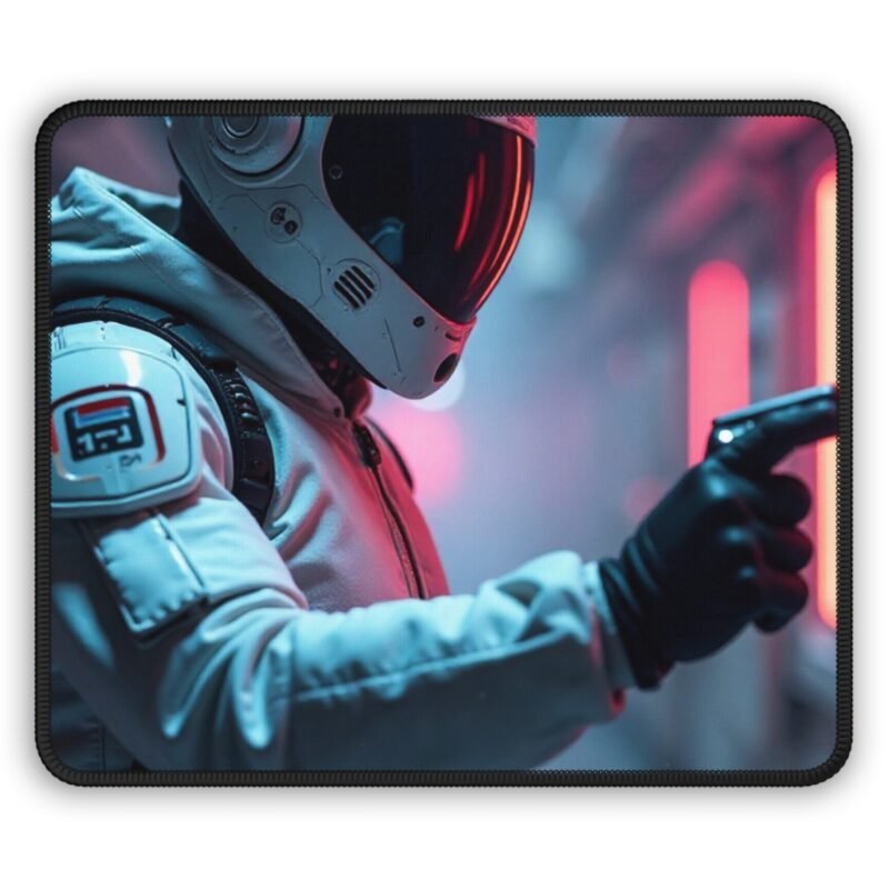 Sci-Fi Gaming Mouse Pad with Futuristic Astronaut and Neon Galaxy Design