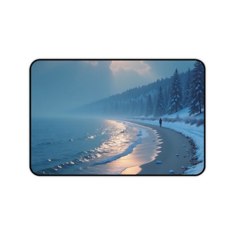 Winter Desk Mat with Moonlit Snowy Beach Scene for Office and Home