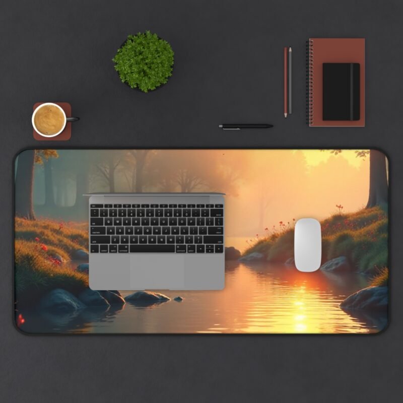 Riverside Sunrise Nature Desk Mat with Forest Stream and Misty Morning Design - Image 11