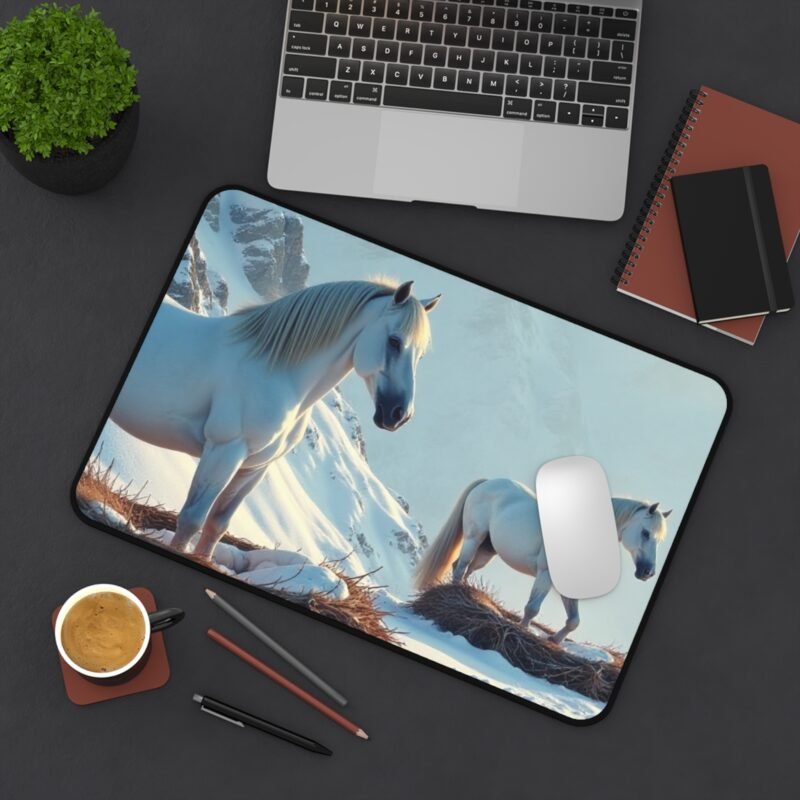 Winter Horse Desk Mat with White Horses in Snowy Landscape - Image 4