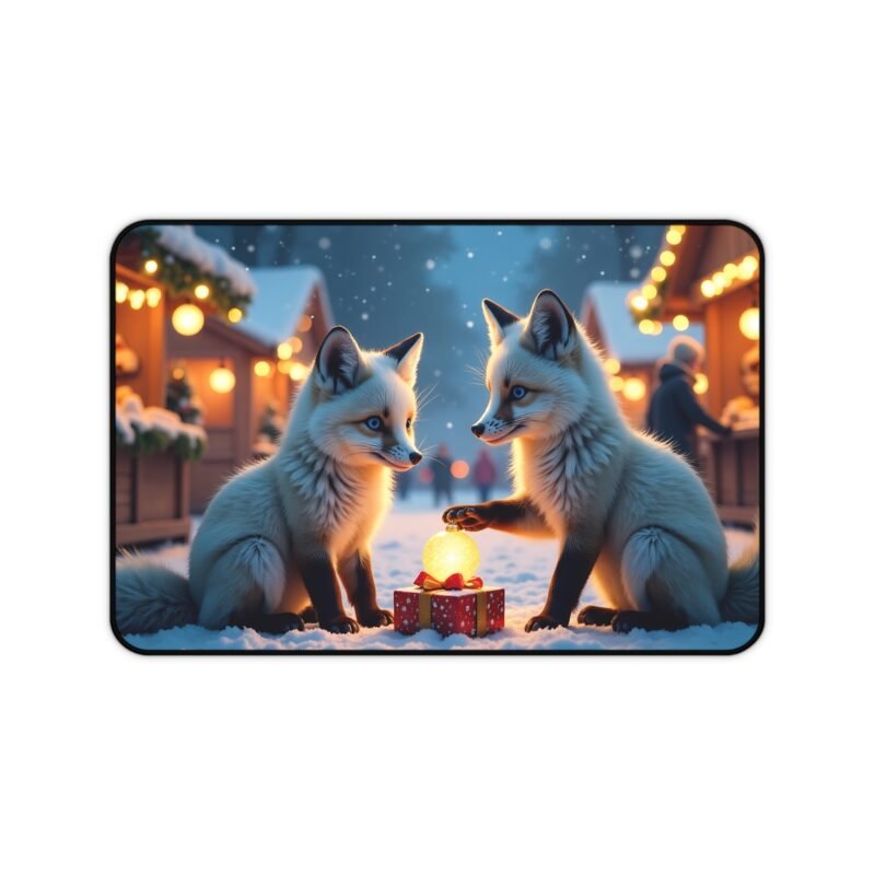 Christmas Desk Mat with Whimsical Foxes in a Snowy Winter Wonderland