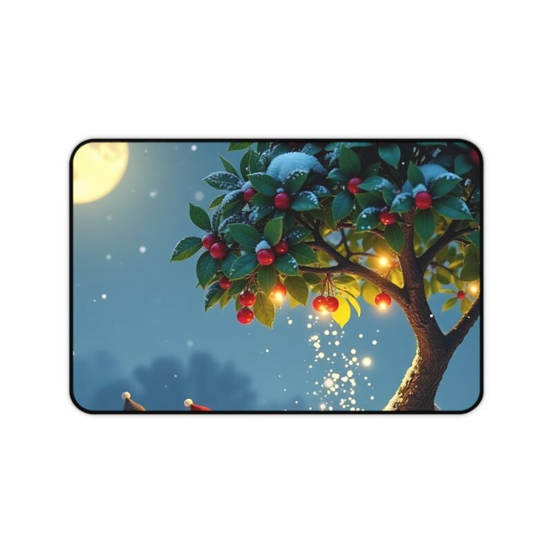 Winter Desk Mat with Festive Birds and Snowy Night Design