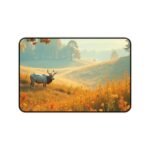 Autumn Nature Desk Mat with Tranquil Sunrise Meadow and Majestic Elk Scene