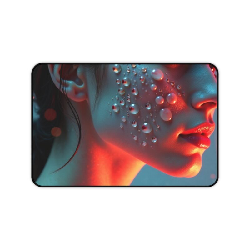 Artistic Desk Mat with Dreamy Red and Blue Aesthetic Featuring Elegant Woman's Profile