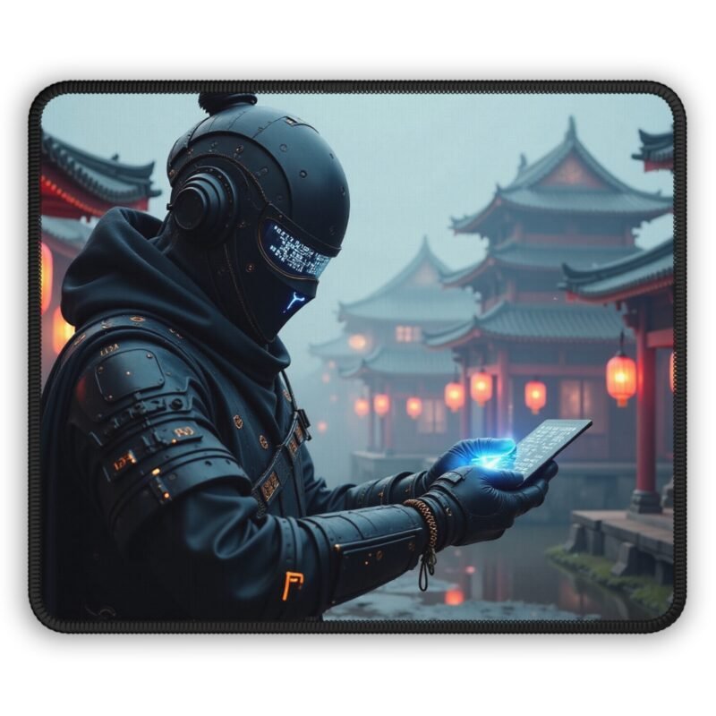 Cyberpunk Gaming Mouse Pad with Futuristic Warrior and East Asian Architecture