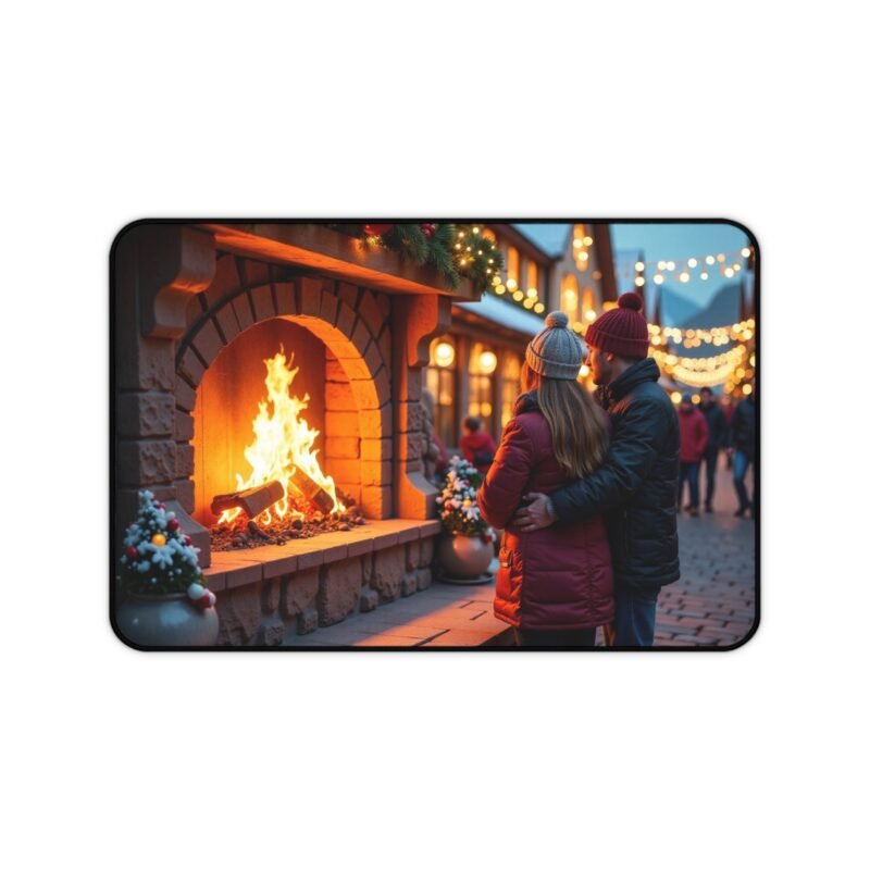 Cozy Christmas Desk Mat with Festive Fireplace and Holiday Market Scene