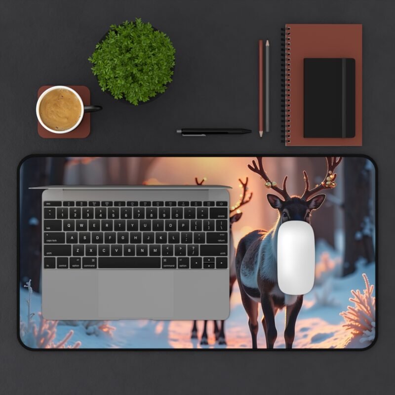 Winter Desk Mat with Reindeer Lights and Serene Snowy Landscape - Image 7