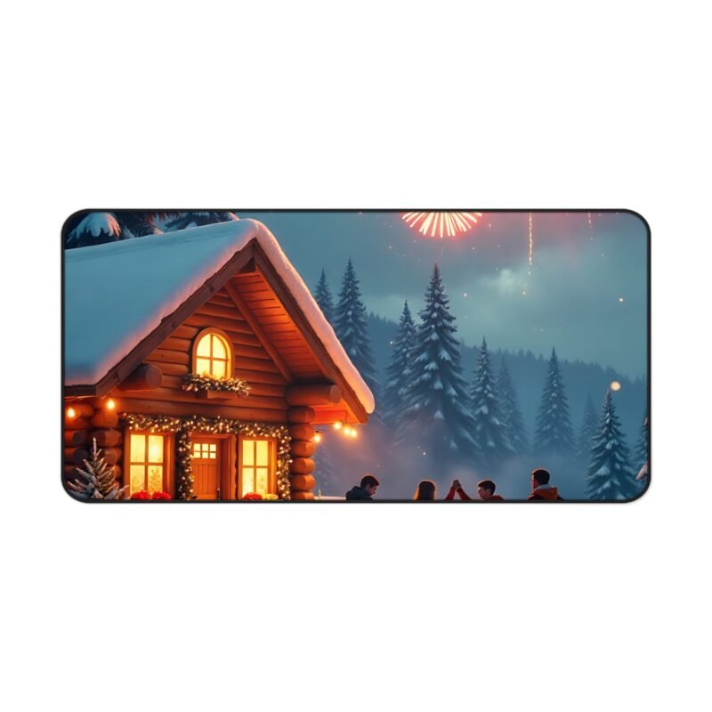 Cozy Winter Cabin Mouse Pad with Fireworks and Festive Snowy Landscape - Image 9