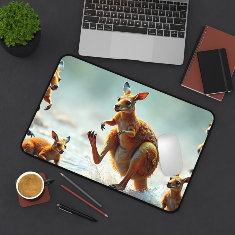 Nature-Inspired Desk Mat with Playful Kangaroos in Serene Riverbed Scene - Image 4