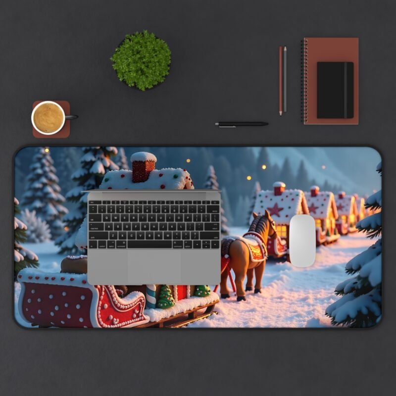 Whimsical Christmas Desk Mat with Gingerbread Train and Snowy Forest Backdrop - Image 11